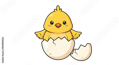 A cute yellow chick hatches from an eggshell in a colorful and joyful illustration for Easter or nursery designs