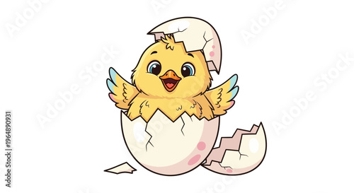 A cute yellow chick hatches from a broken eggshell with a cheerful expression on a plain white background