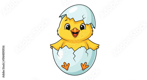 A cheerful yellow chick hatches from a broken blue eggshell with a happy expression on its face in a colorful Easter-themed illustration