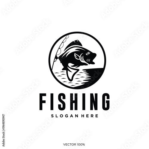 Monochrome Fishing Logo with Fish and Rod