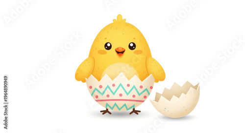 A cute yellow Easter chick mascot emerges from a decorated eggshell with a happy expression, standing against a clean white background