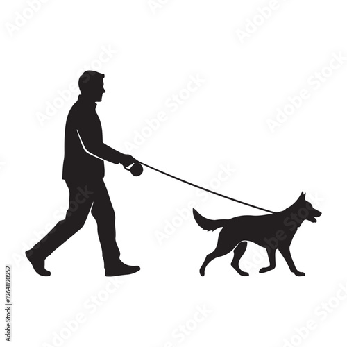 Black silhouette of man walking dog, pet owner and animal vector icons