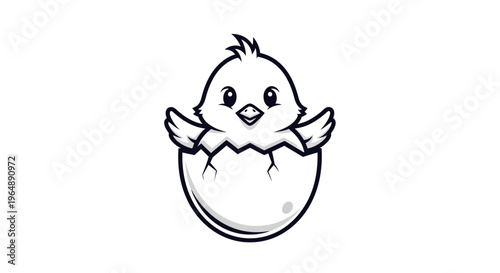 A cute cartoon chick hatches from a cracked eggshell with a joyful expression on its face against a clean white background