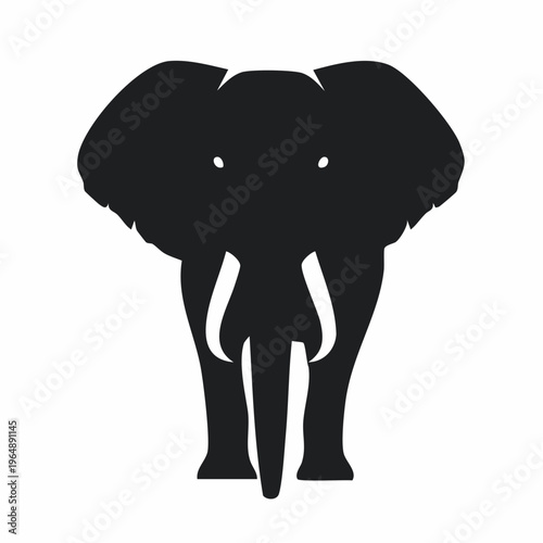 A black silhouette of an elephant's head, with large ears and tusks facing forward