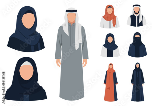 Middle Eastern Characters Set in Traditional Arab Clothing - Muslim Man and Woman Avatars in Hijab, Abaya, Thobe, and Ghutra - Flat Vector Icons Isolated on White