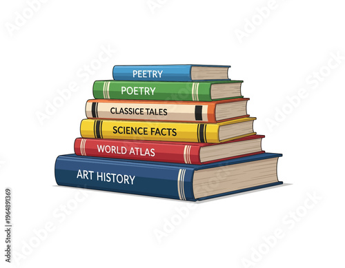 A stack of books including Poetry, Classics Tales, Science Facts, World Atlas, and Art History, perfect for educational or literary themes