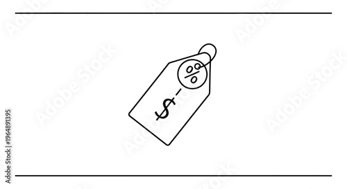 Monochrome outline illustration of a pricing tag with dollar and percentage symbols indicating