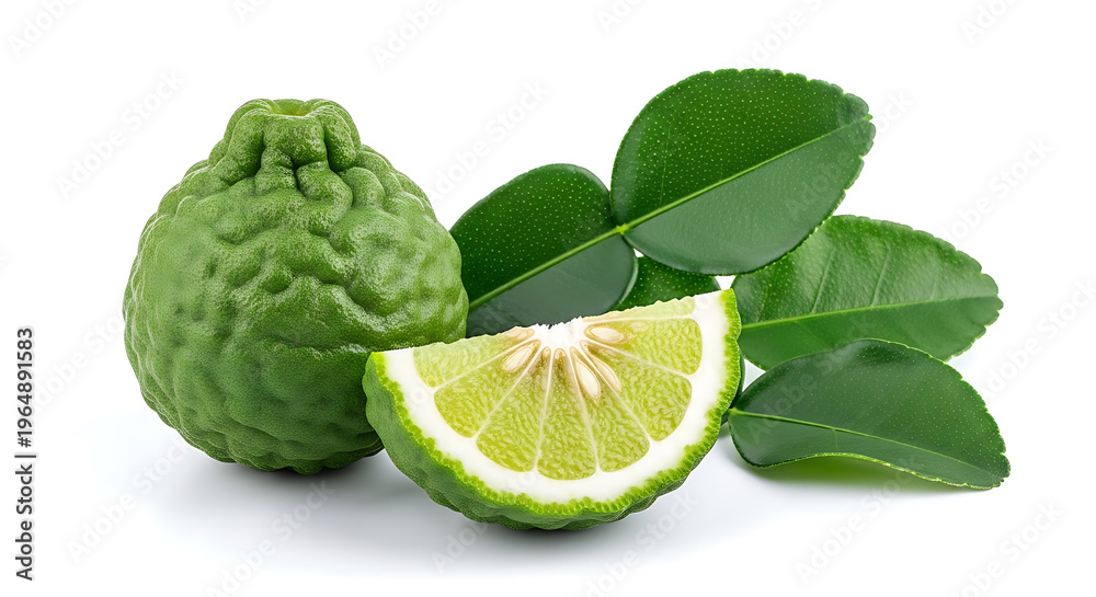 Fototapeta premium Kaffir lime fruit and slice with green leaves citrus