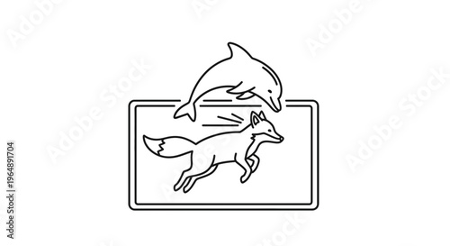 Dynamic minimalist line art showcasing a leaping dolphin gracefully passing over a running fox