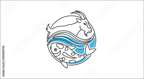 Monoline illustration of a goat and fish in a circle representing duality and natural harmony