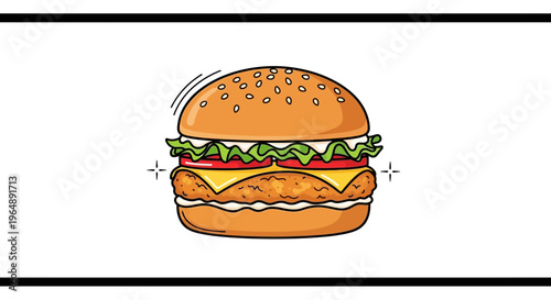 Wholesome crispy chicken burger illustration with fresh ingredients and a sesame seed bun