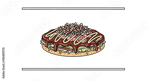 Deliciously illustrated Japanese savory pancake okonomiyaki with rich sauce and toppings