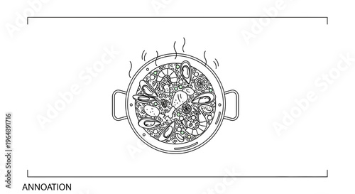 Delicious steaming seafood paella illustration line art from above a culinary Spanish dish outline