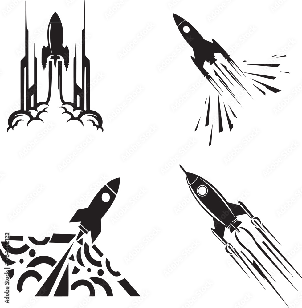 Fototapeta premium Four black and white illustrations of rockets launching