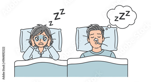 Couple in bed, one with CPAP machine, the other disturbed by snoring