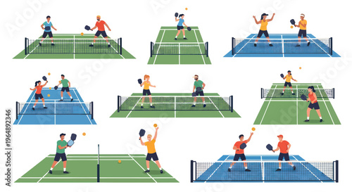 Diverse Pickleball Players Competing on Outdoor Courts, Active Lifestyle Concept