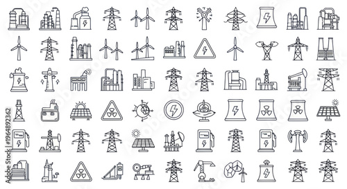 Energy Sources Icons: Renewable and Industrial Power Generation Set