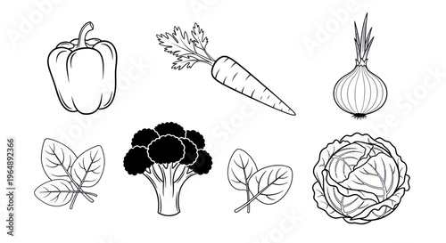 Fresh Vegetable Icons: Bell Pepper, Carrot, Onion, Broccoli, Spinach, Cabbage
