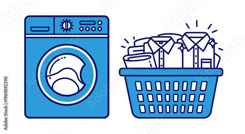 Modern Washing Machine and Clean Laundry Basket Full of Shirts