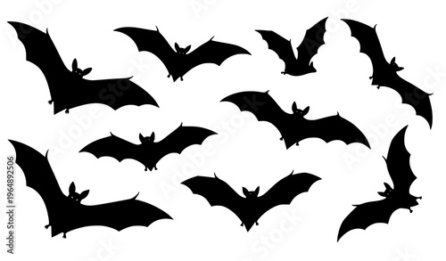 Flying bat silhouettes vector set spooky halloween black bat collection