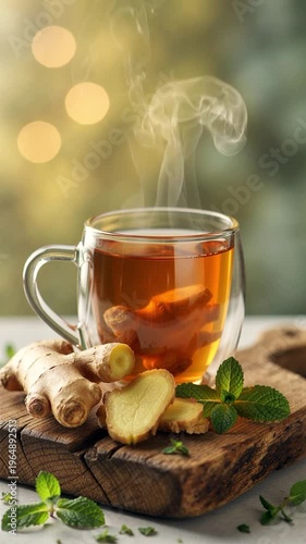 Hot ginger herbal tea with mint on rustic wooden table seamless loopable motion