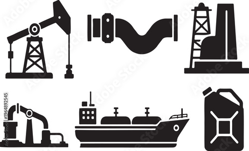 Industrial Oil Extraction and Transport Black Icons Set