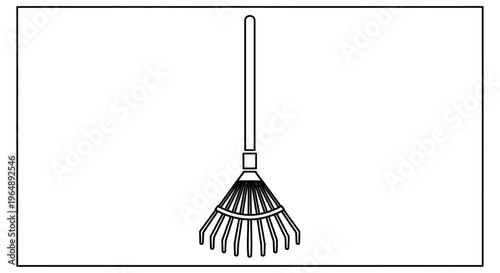 Minimalist line art illustration of a garden leaf rake for outdoor landscaping tasks