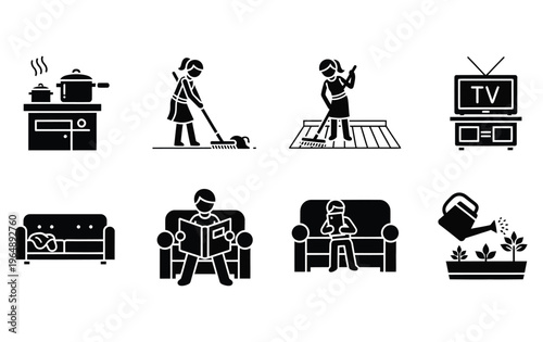 Household chores icons, cleaning symbols, domestic tasks, black vector illustrations