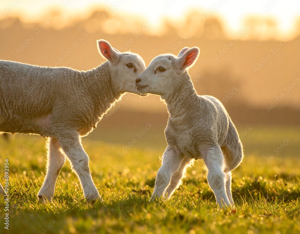 Fototapeta premium Two young lambs nuzzling each other in a sunlit field. Captured in soft, warm light