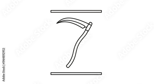 Minimalist black outline drawing of a classic scythe tool framed by horizontal lines, simple