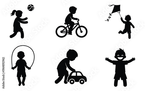Black silhouette children icons, kids playing sports and outdoor activities, vector graphics set