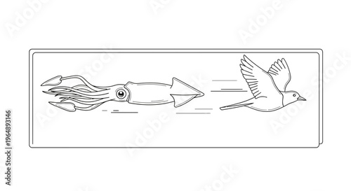 Illustrative depiction of a swift squid and an agile bird in a parallel race