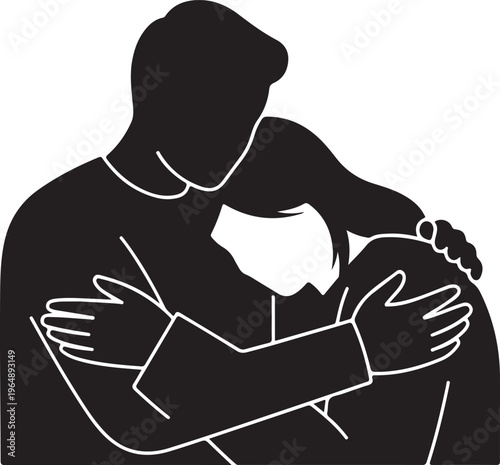 Black silhouette couple hug, romantic love icon, white outline, minimalistic illustration, affectionate embrace