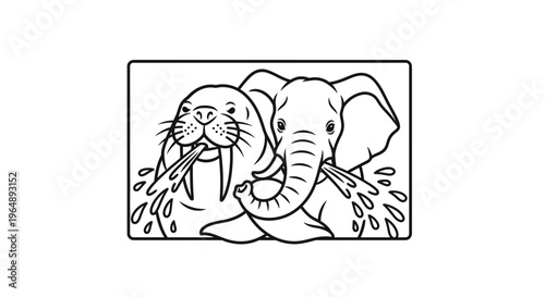Playful walrus and elephant spraying water in black and white line art illustration