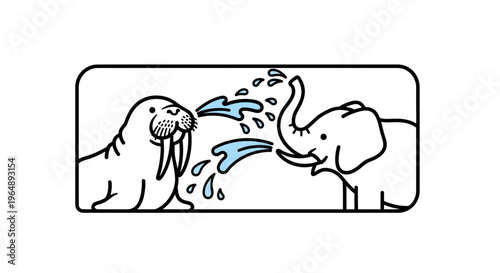 Joyful aquatic interaction between a playful walrus and a happy elephant sharing a splash