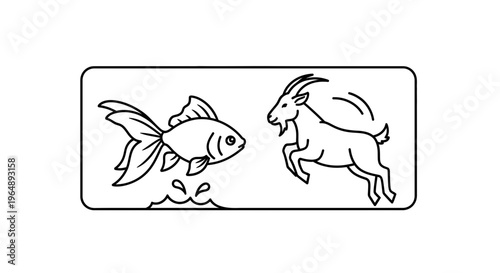Abstract line art illustration showcasing a dynamic jumping fish and an agile horned goat inside a