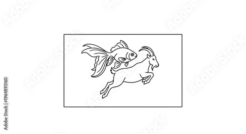 Minimalist black and white line art combining a majestic goldfish gracefully floating above a