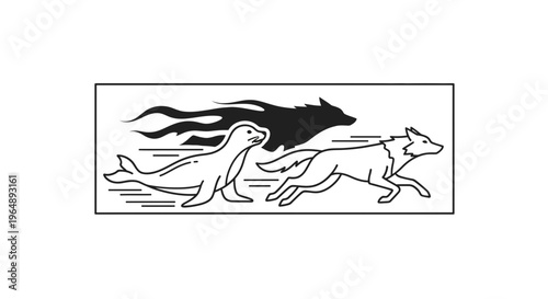 Dynamic monochromatic illustration of a fast-moving seal and two agile wolves in pursuit