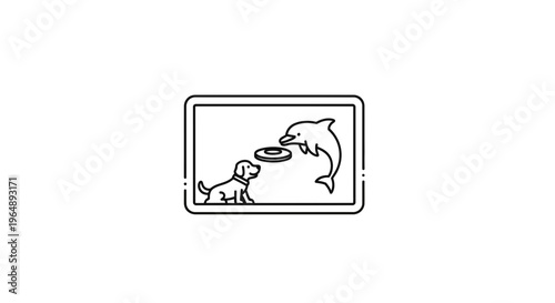 Whimsical illustration of a dog and a dolphin playing frisbee on a screen icon clean design