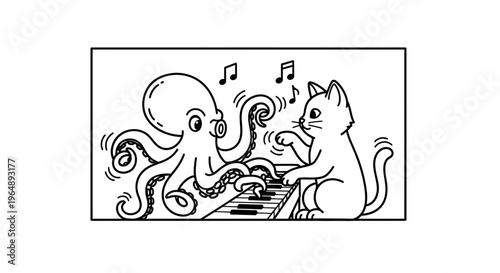An amusing line art illustration depicting an octopus and a feline companion collaboratively