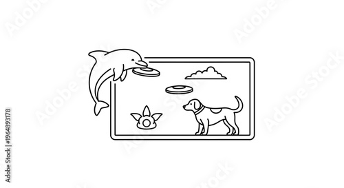 Playful aquatic and terrestrial friends enjoying frisbee toss in a charming whimsical scene