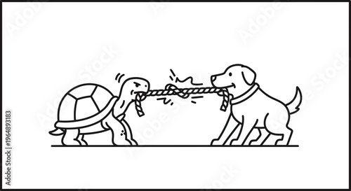 An endearing monochrome illustration of a determined turtle and a cheerful dog locked in a