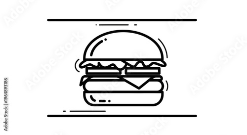 Clean line art hamburger icon with essential fast food elements presented in a sleek, modern, and
