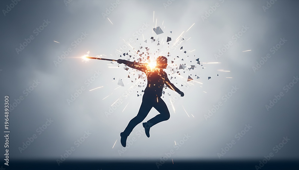 Obraz premium Dynamic Silhouette of Man Exploding Into Shards in Mid Air