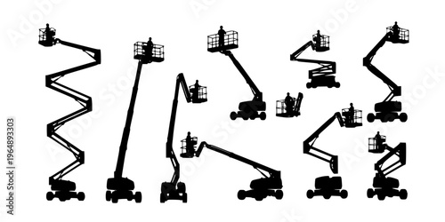 Boom lift and cherry picker silhouettes set, aerial work platform machines with operators in elevated working positions isolated on white background vector illustration 