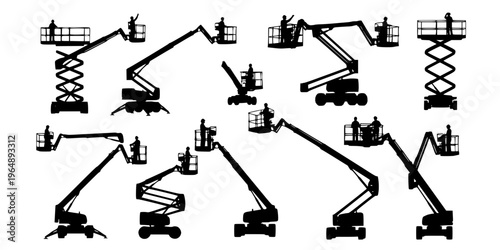 Boom lift and cherry picker silhouettes set, aerial work platform machines with operators in elevated working positions isolated on white background vector illustration 
