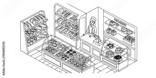 Isometric view of a dessert interior with diverse baked goods and customers

