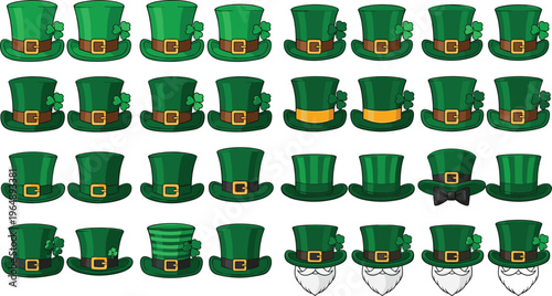 Collection of green leprechaun hats with buckles and clovers in flat vector style, St Patrick’s Day festive elements set isolated on white background