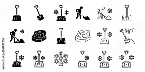 Snow shovel winter icon set, snow removal and cold weather maintenance symbols, solid and outline styles, black vector illustration isolated on white background