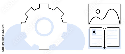 Technology development, automation, digital content, software tools, learning platforms, data processing. Gear with cloud shape, photo frame and book. Technology development and automation